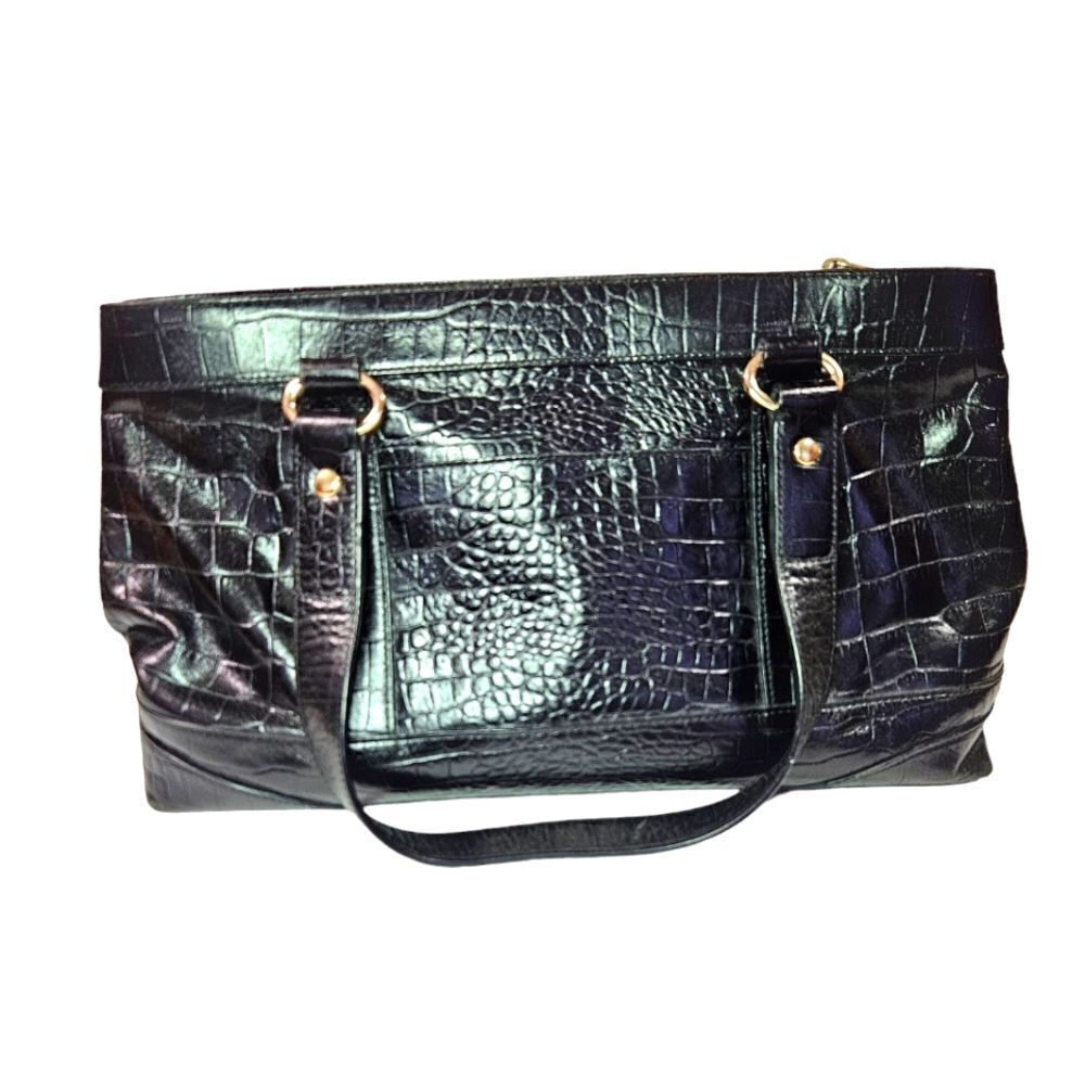 Vntg Monsac Large Black Leather Embossed Croc Structure Satchel Purse Handbag